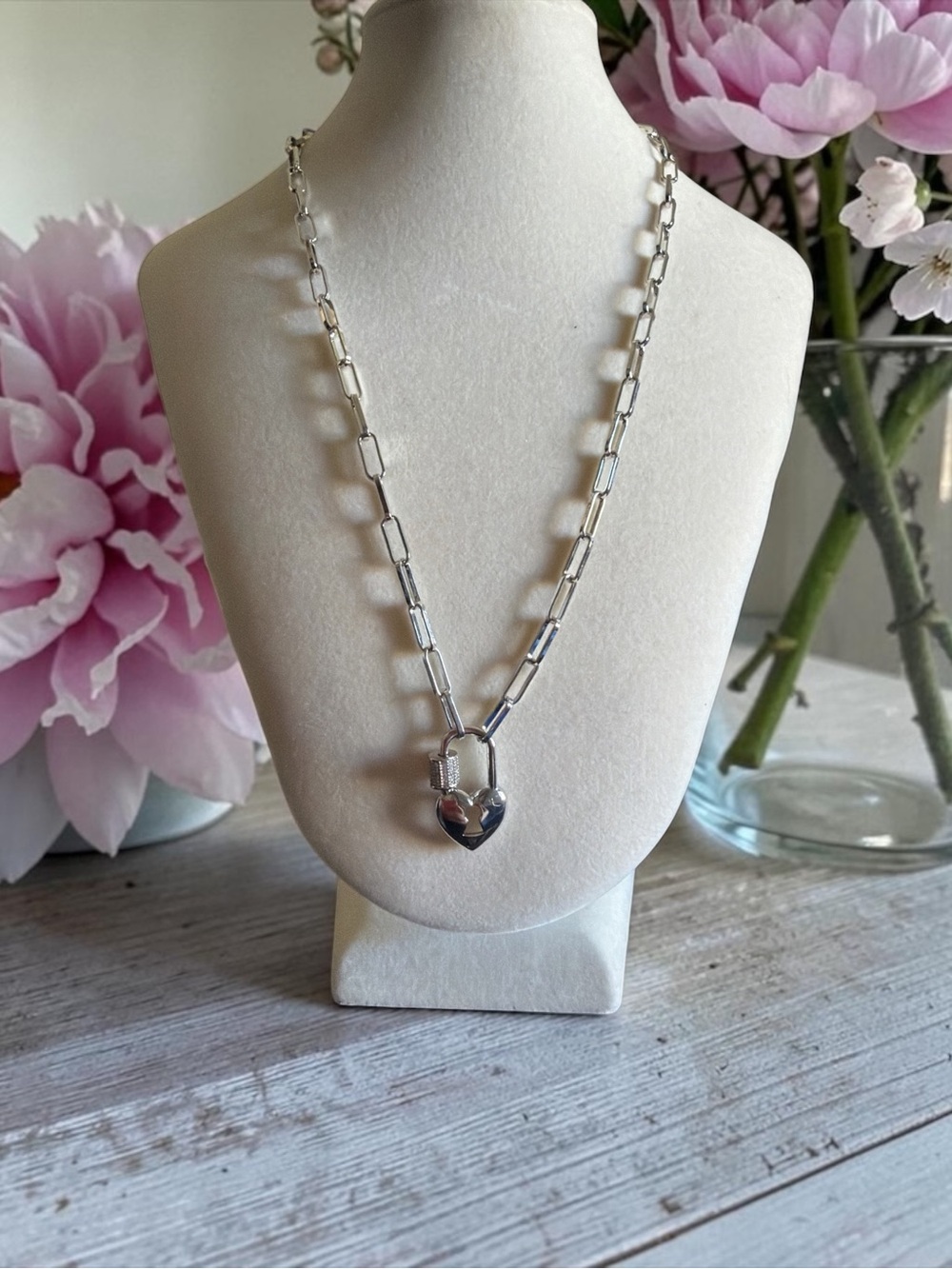 Silver Heart Padlock Link Necklace